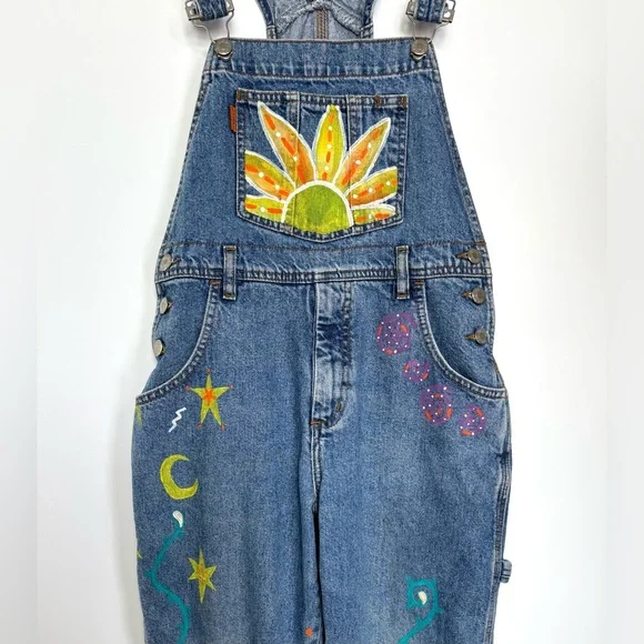 Festival Overalls Boho‎ Painted Denim Girls or Women’s XXS - Picture 3 of 16